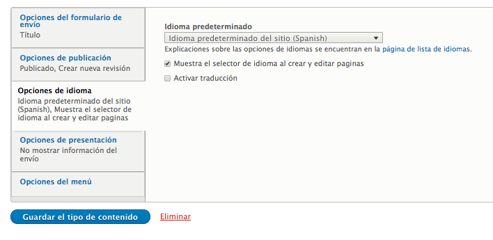Opciones de tipo de contenido