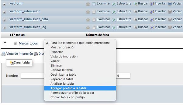 Phpmyadmin agregar prefijo en base de atos